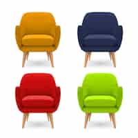 Vecteur gratuit des fauteuils doux de différentes couleurs vives ensemble réaliste illustration vectorielle isolée