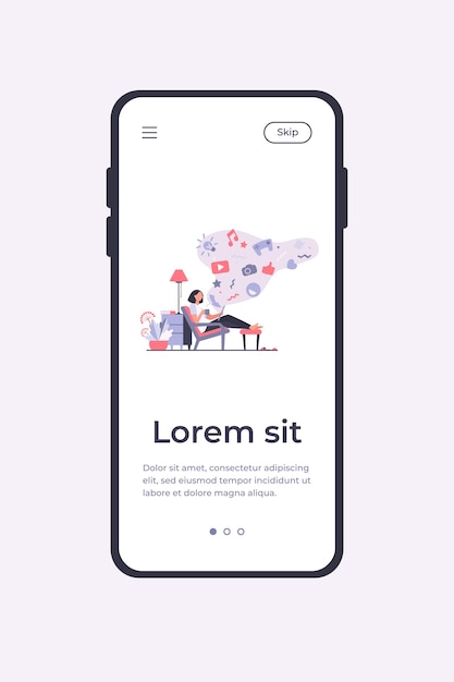 Femme accro aux médias sociaux. Personnage de dessin animé se détendre à la maison, utiliser une tablette pour surfer sur le Web, jouer à des jeux en ligne. Modèle d'application mobile d'illustration vectorielle