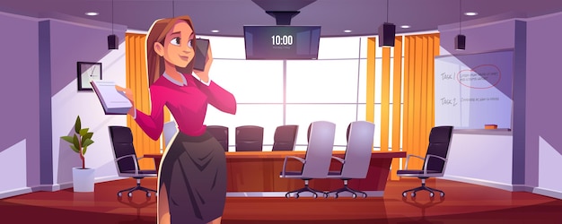 Vecteur gratuit femme d'affaires dans la salle de conférence pour les réunions, présentation en équipe ou discussion. illustration de dessin animé de vecteur de gestionnaire de fille ou de secrétaire avec ordinateur portable et téléphone dans la salle de réunion au bureau de l'entreprise