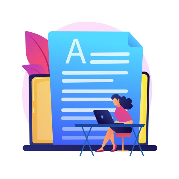 Femme d'affaires ou écrivain avec ordinateur portable travaillant, illustration