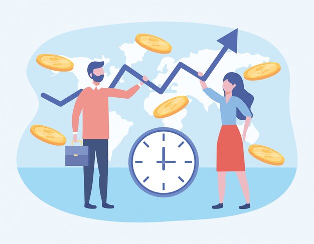 femme d&#39;affaires et homme d&#39;affaires avec horloge et pièces de monnaie avec valise