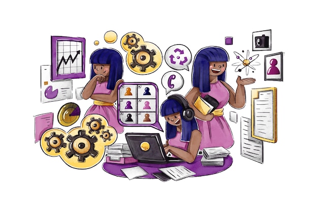 Femme d'affaires multitâche illustrée