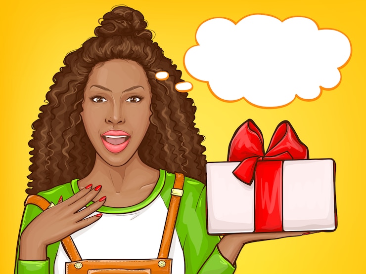 Vecteur gratuit femme américaine africaine, à, gratitude, réception, cadeau