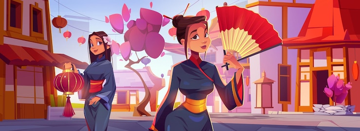 Vecteur gratuit femme asiatique près du bâtiment sur le vecteur de la rue de chine