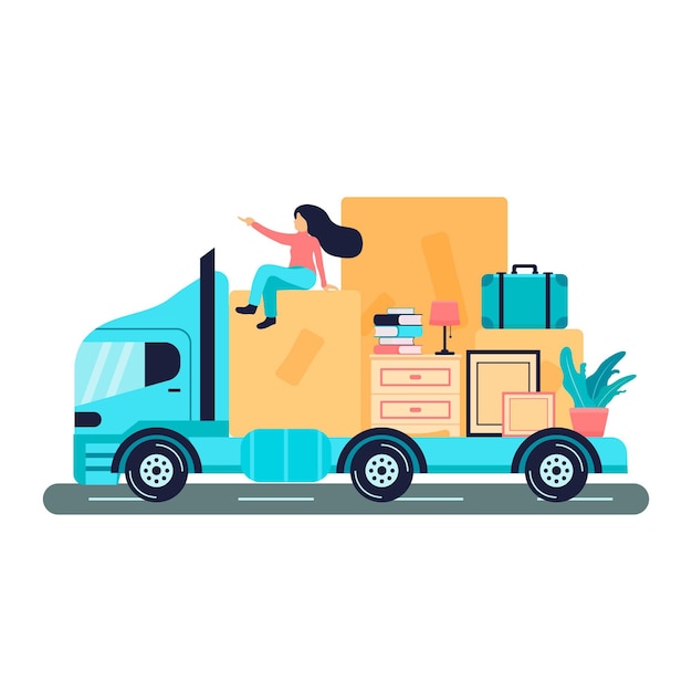 Femme assise sur un camion et déménagement