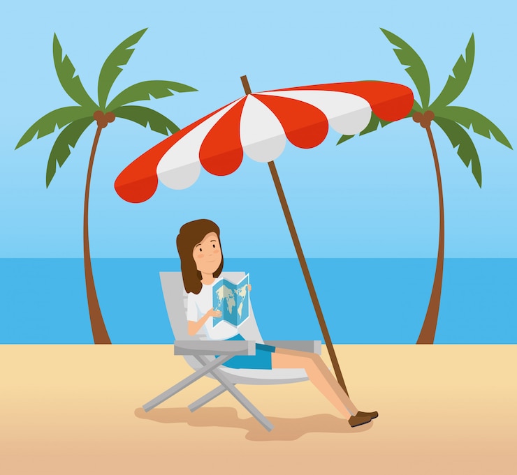 Vecteur gratuit femme assise avec parasol à la plage