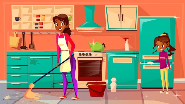 Femme Au Foyer Nettoyage Illustration De La Cuisine Afro-américaine