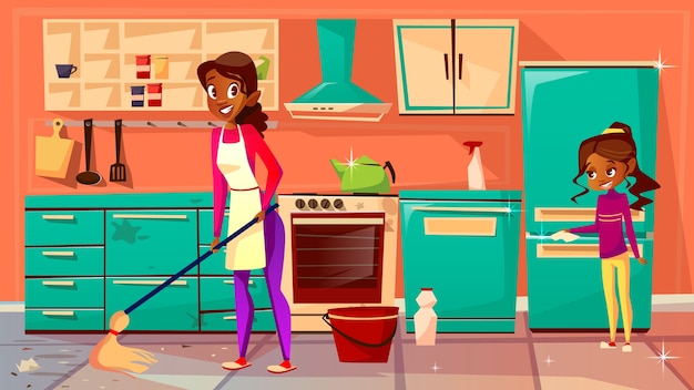 Femme au foyer nettoyage illustration de la cuisine afro-américaine
