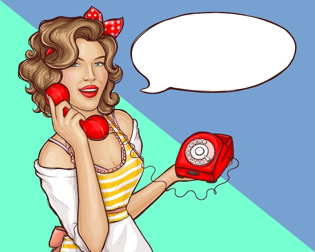 Vecteur gratuit femme au foyer pop art appel bannière de téléphone rétro