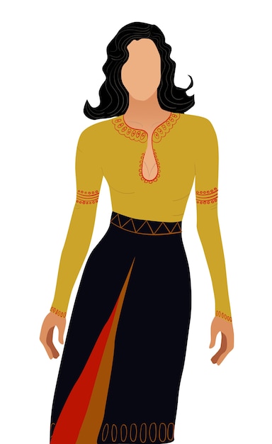 Vecteur gratuit femme aux cheveux noirs sans visage vêtue d'une robe nationale de couleur jaune, noir et rouge