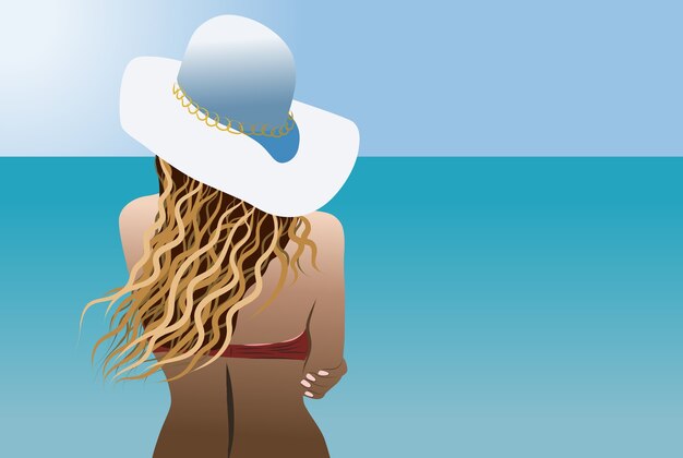 Femme blonde avec un chapeau de soleil blanc et maillot de bain rouge regardant la mer
