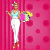 Vecteur gratuit femme blonde en surpoids en pantalon blanc, blouse bleue sur rayé rose
