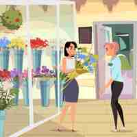 Vecteur gratuit femme chez les clients du fleuriste et consultant vendeur sympathique employé de magasin souriant aidant une jeune femme tenant un bouquet