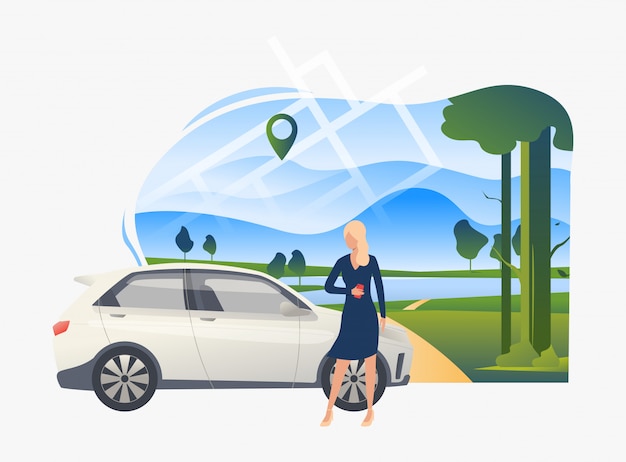 Vecteur gratuit femme debout en voiture avec paysage en arrière-plan