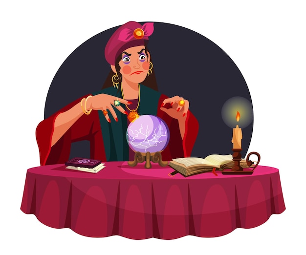 Vecteur gratuit femme diseuse de bonne aventure avec boule magique vieux livre bougie et cartes de tarot sur table magicien mystique tzigane avenir racontant le concept de destin surnaturel d'astrologie magique