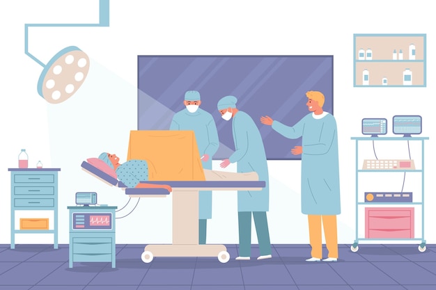 Vecteur gratuit femme enceinte donnant l'accouchement dans l'illustration vectorielle plane de la scène de l'hôpital