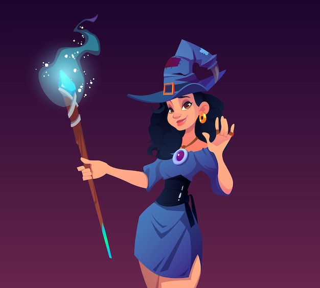 Vecteur gratuit femme enchanteresse sexy en costume et chapeau avec illustration du personnel magique