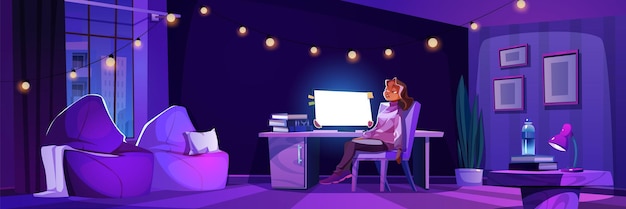 Vecteur gratuit femme fatiguée assise à l'intérieur du bureau à domicile la nuit concept de fatigue d'épuisement professionnel avec un personnage féminin sur l'espace de travail avec ordinateur de bureau et chaise conception panoramique de fille triste intérieure et épuisée plate