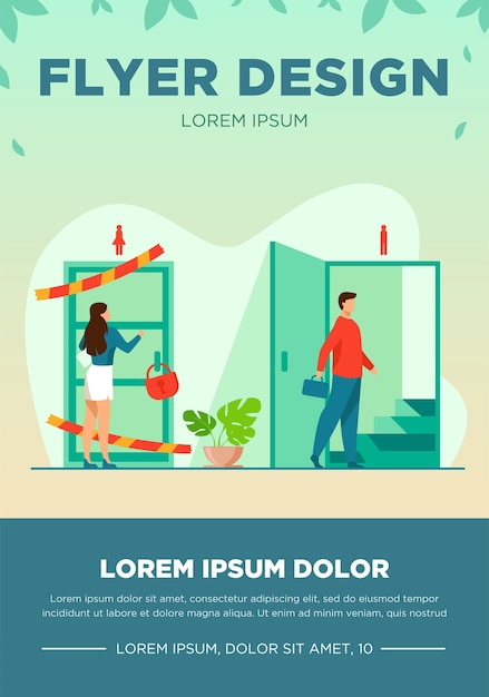 Vecteur gratuit femme frappant à l'illustration de vecteur plat porte verrouillée et fermée. l'homme entre la porte ouverte et monte les escaliers. inégalités de carrière, opportunités commerciales. modèle de flyer de problème social et de discrimination