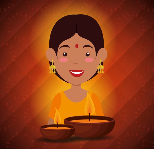 Vecteur gratuit femme hindoue avec des bougies pour diwali
