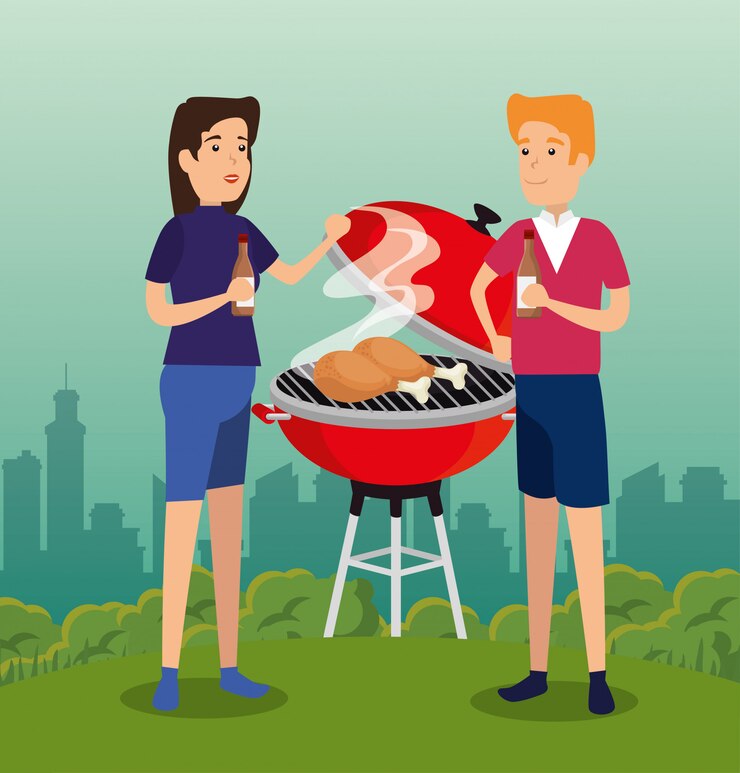 Vecteur gratuit une femme et un homme préparent un bbq.