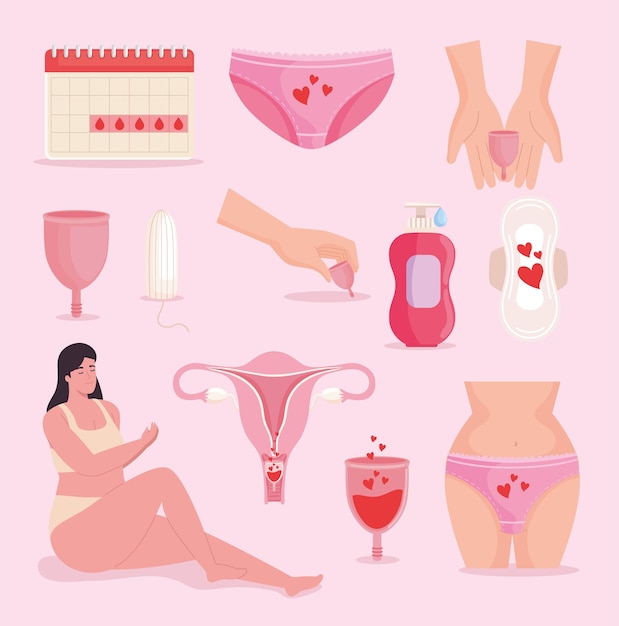 Vecteur gratuit femme avec des icônes menstruelles d'hygiène