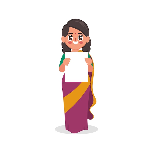 Vecteur gratuit femme indienne pose tenant une pancarte professeur de dessin animé personnage indien