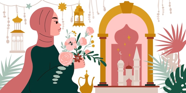 Vecteur gratuit femme islamique avec des fleurs et des symboles boho traditionnels sur fond plat illustration vectorielle