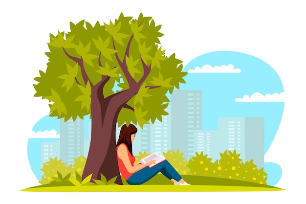 Vecteur gratuit femme lectrice scène en plein air mis fille dans le parc sous l'arbre avec livre ville sur fond