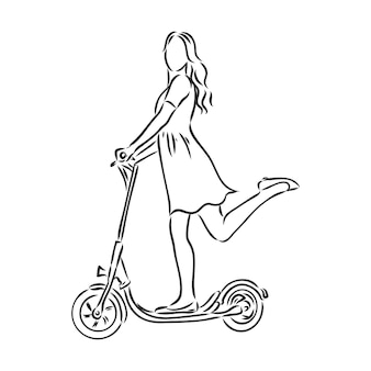 Une femme en ligne continue monte un scooter électrique avec un homme lega surélevé sur un croquis vectoriel de scooter