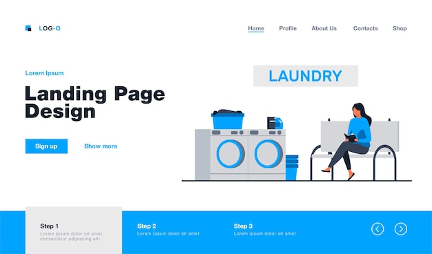 Vecteur gratuit femme lisant un livre et attendant son modèle de page de destination pour la lessive