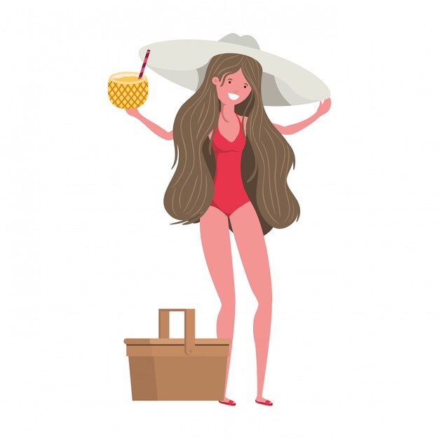 Femme avec maillot de bain et cocktail d&#39;ananas