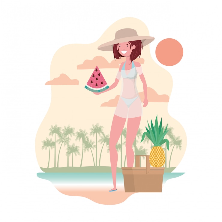 Vecteur gratuit femme, maillot de bain, portion, pastèque, main