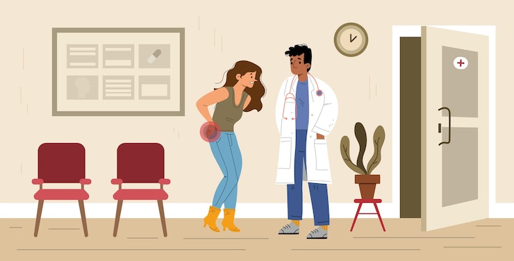 Vecteur gratuit femme avec mal de dos consulter un médecin dans le hall de l'hôpital