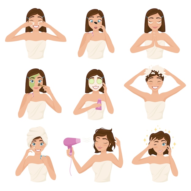 Vecteur gratuit femme matin routine icon set