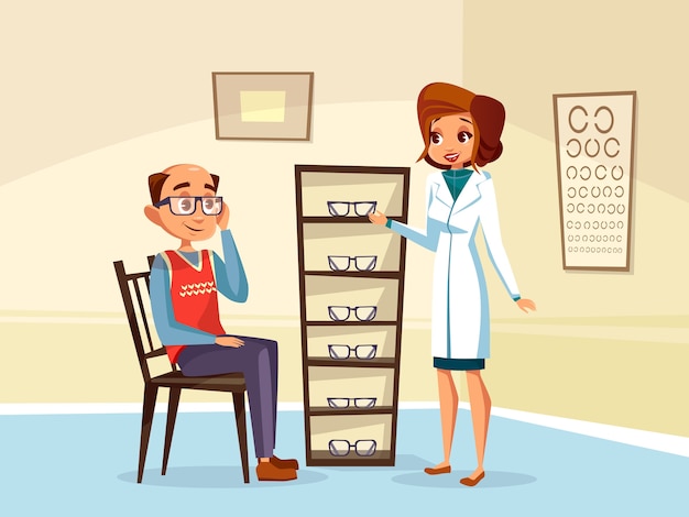 Vecteur gratuit femme médecin ophtalmologue aide le patient homme adulte avec la sélection des lunettes dioptries.