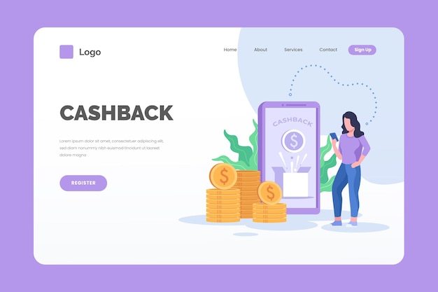 Femme et page de destination de cashback