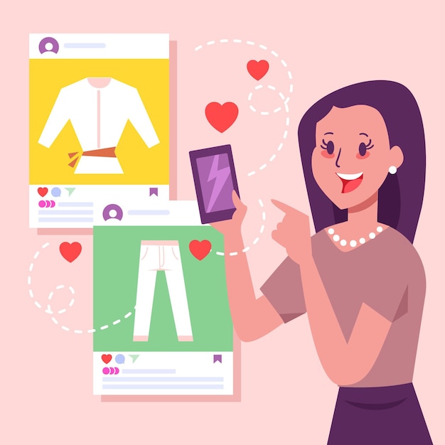 Vecteur gratuit femme partageant du contenu sur les réseaux sociaux