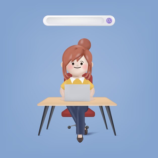 Femme de personnage de dessin animé 3d travaillant avec un ordinateur portable et une conception de vecteur d'illustration de barre de recherche