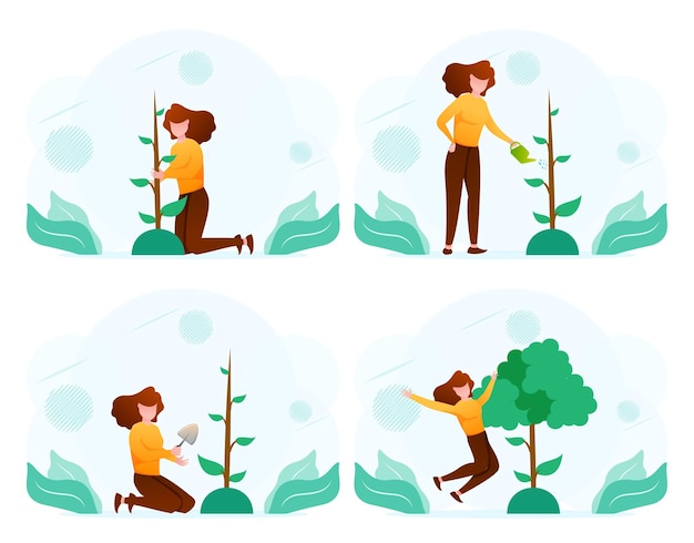 Femme plantant et prenant soin des stades d'arbres illustration vectorielle plate Concept de collaboration et de protection de l'environnement