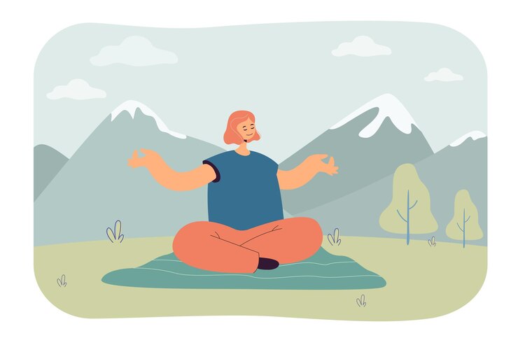 Vecteur gratuit femme pratiquant le yoga dans les montagnes. personnage féminin profitant de la nature et faisant du sport sur une illustration vectorielle plane sur tapis. mode de vie sain, concept de méditation pour bannière, conception de site web, page web de destination