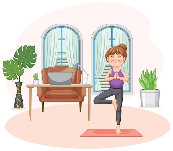 Vecteur gratuit une femme pratique le yoga à la maison