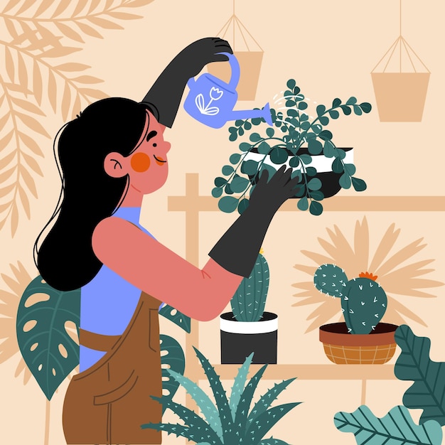 Vecteur gratuit femme prenant soin des plantes dessinées à la main