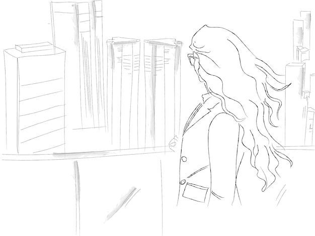 Femme Regardant L'horizon Dans Une Grande Ville Vecteur Dessin Au Trait Storyboard Constructions D'affaires Sur Le Toit