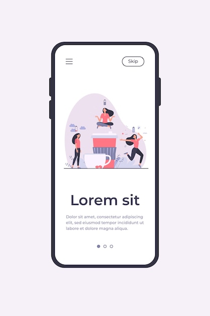 Femme ressentant le stress et tirant son énergie du café. Accro à la caféine chargeant la batterie. Modèle d'application mobile d'illustration vectorielle