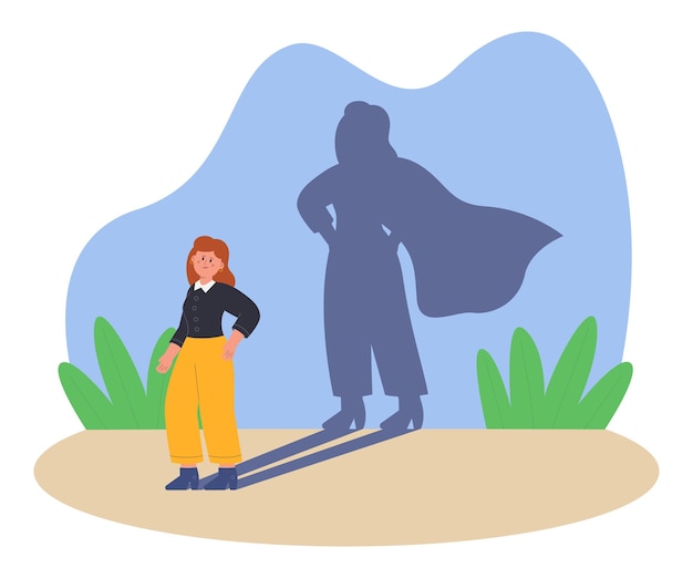 Vecteur gratuit femme réussie avec illustration de vecteur plat ombre super-héros. personnage de dessin animé féminin courageux et fort atteignant des objectifs professionnels, gravissant les échelons de carrière. féminisme, concept de leadership