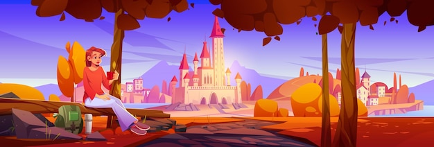 Vecteur gratuit femme se détendre au paysage paysage d'automne avec château
