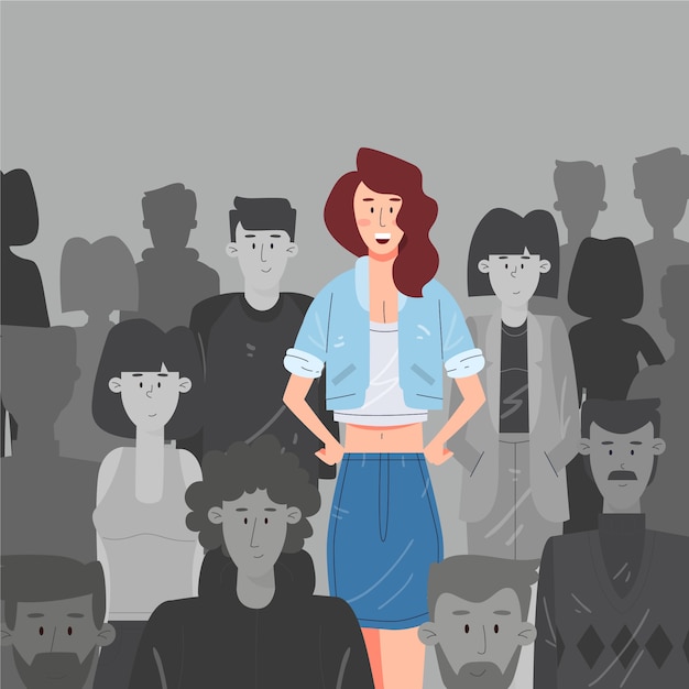 Femme Souriante, Dans, Foule, Illustration