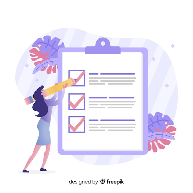 Vecteur gratuit femme vérifiant la liste de contrôle géante