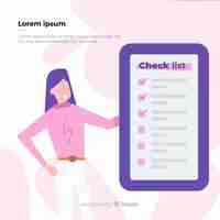 Vecteur gratuit femme vérifiant le modèle de fond de liste de contrôle géant